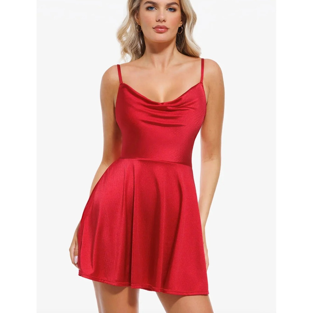 NEW Popilush Shapewear Strappy Cowl Neck Tummy Control Flare Mini Dress Red XS